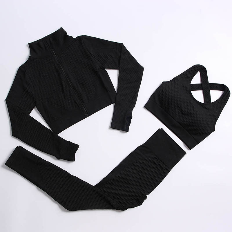 AH - 3 PCS Fitness Sport Wear Leggings, Support Bra, and Cropped Jacket - Alcoholic Hair