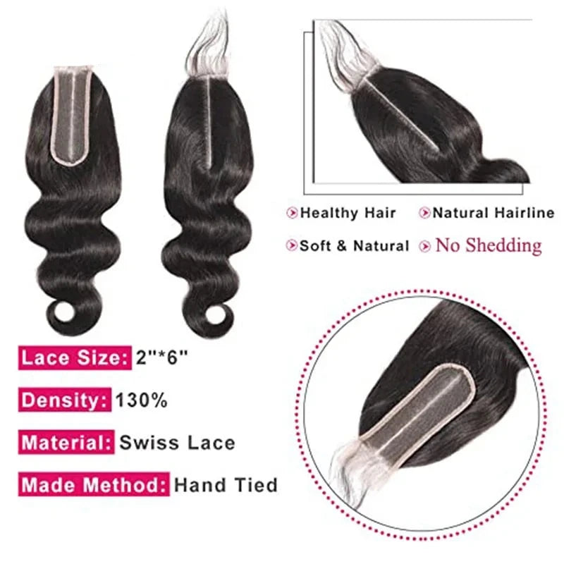 Body Wave - Remy Indian Human Virgin Hair - 2x6 HD Lace Closure - Pre Plucked - Alcoholic Hair