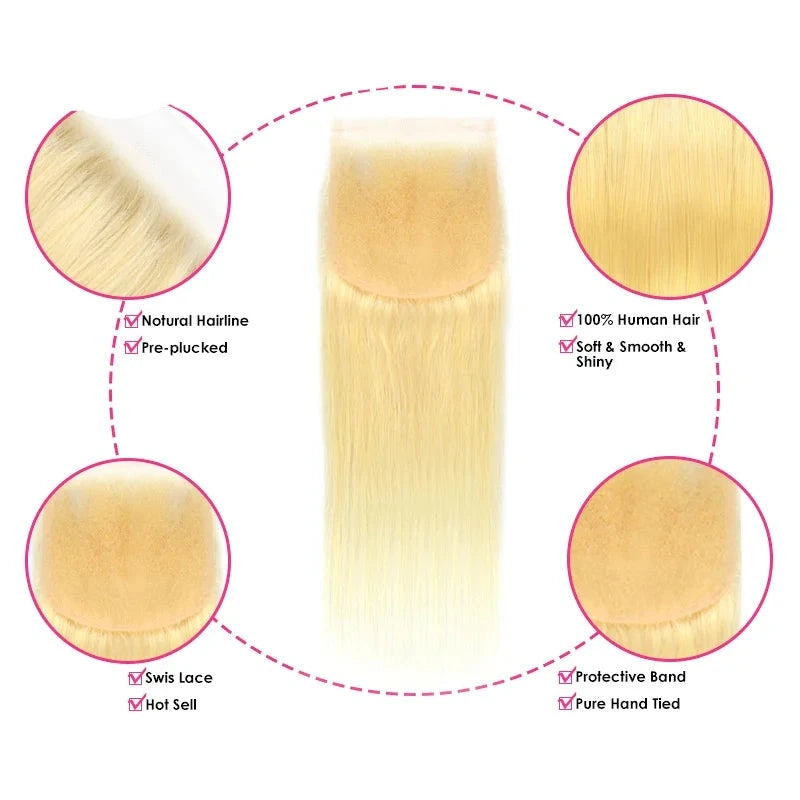 Berrys Fashion 5x5 Lace Closure Blonde 613 Peruvian Straight Human Hair 10-22Inch 4x4 Lace Closure Bleached Knot With Baby Hair - Alcoholic Hair
