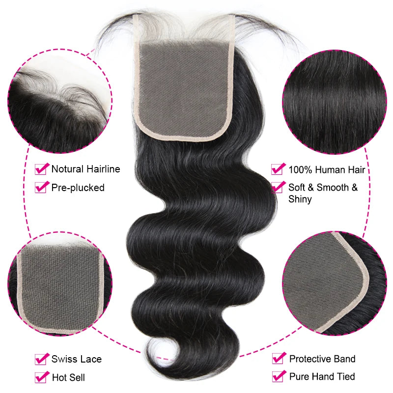 Brazilian Body Wave - HD Transparent Closure - 4x4, 5x5 Lace Closure Pre plucked - Unprocessed - Alcoholic Hair