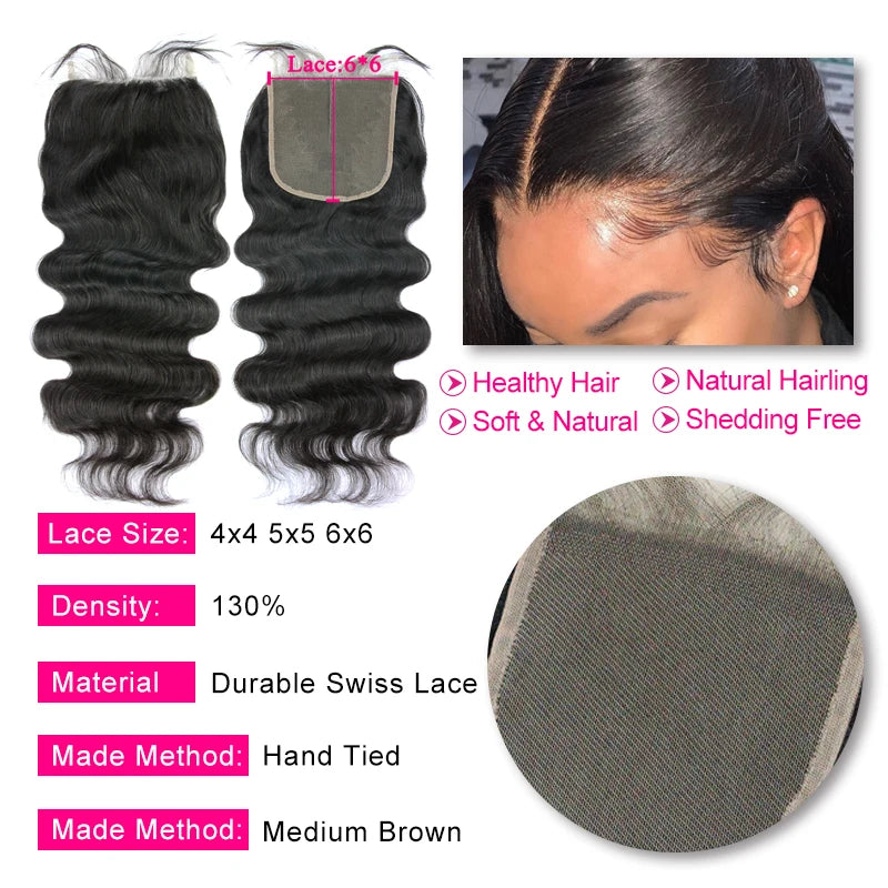 6x6 HD Lace Closure Human Hair With Baby Hair Brazilian Body Wave Virgin Human Hair 4x4 5x5 Transparent Lace Closure Fro Women - Alcoholic Hair