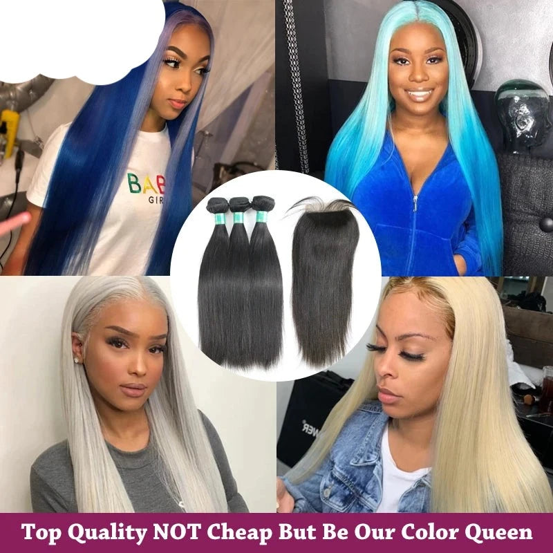 Berrys Fashion Straight 3 Bundles With 6x6 Lace Closure Brazilian Virgin Hair 10-28inch Nature Color 100% Human Hair 5x5 Lace - Alcoholic Hair