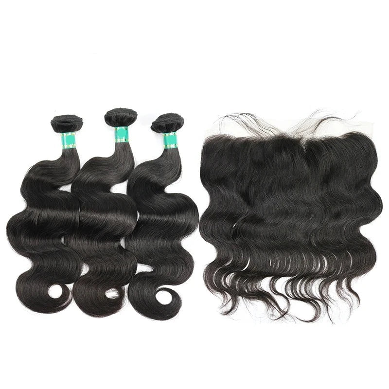 Peruvian Body Wave - 3 Bundles with Frontal - 100% Human Hair Extension, 10-28 inches - Alcoholic Hair