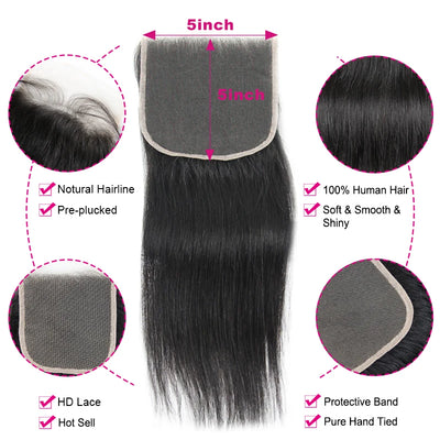 5x5 HD Lace Closure With Bundle Brazilian Straight 3 Bundles With 5x5 Lace Closure Human Hair Can Be Dye and Bleached Any Color - Alcoholic Hair