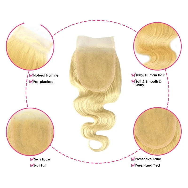 Body Wave Lace Closure - 5x5 - 10 to 22 Inch - Blonde 4x4 Lace Closure -  Bleached Knots With Baby Hair - Alcoholic Hair