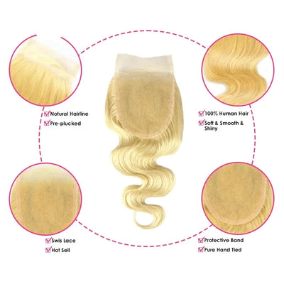 Body Wave Lace Closure - 5x5 - 10 to 22 Inch - Blonde 4x4 Lace Closure -  Bleached Knots With Baby Hair - Alcoholic Hair