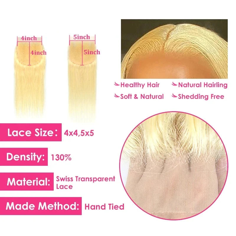 Berrys Fashion 5x5 Lace Closure Blonde 613 Peruvian Straight Human Hair 10-22Inch 4x4 Lace Closure Bleached Knot With Baby Hair - Alcoholic Hair