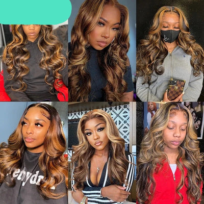30Inch Highlight Wig Brown Colored Human Hair Wigs for Women Ombre Body Wave Lace Front Wig Highlight Lace Front Human Hair Wigs - Alcoholic Hair
