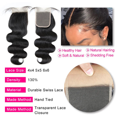 Brazilian Body Wave - HD Transparent Closure - 4x4, 5x5 Lace Closure Pre plucked - Unprocessed - Alcoholic Hair