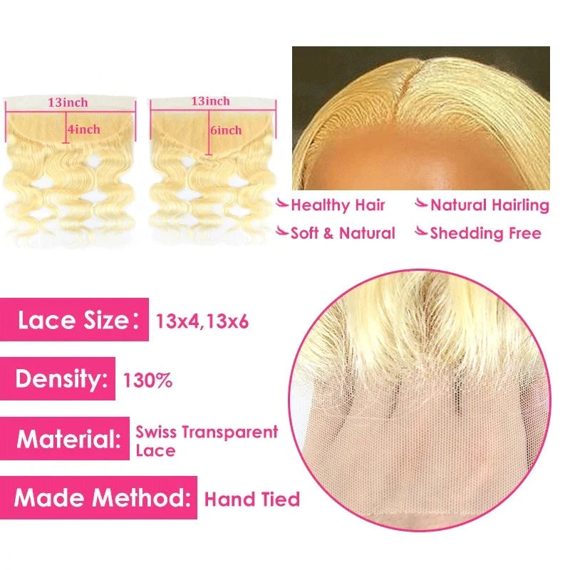 Brazilian Human Hair -  Body Wave Lace Frontal 13x4 w/ Baby Hair - 13x6 Lace Frontal 613 Blonde - - Alcoholic Hair