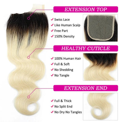 Berrys Fashion T1B/613 Color 5x5 Closure Brazilian Body Wave 4x4 Transparent Lace Closure 12-22Inch Prepluncked Closure - Alcoholic Hair