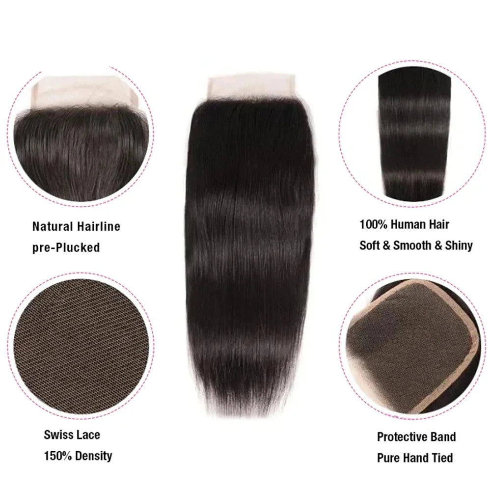 Berrys Fashion Straight 3 Bundles With 6x6 Lace Closure Brazilian Virgin Hair 10-28inch Nature Color 100% Human Hair 5x5 Lace - Alcoholic Hair