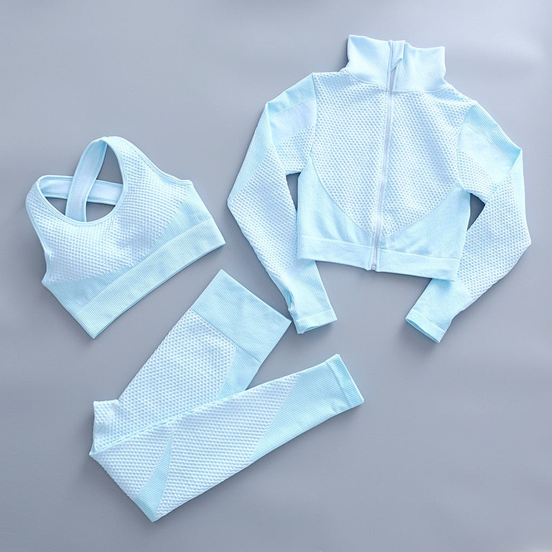 AH - 3 PCS Fitness Sport Wear Leggings, Support Bra, and Cropped Jacket - Alcoholic Hair