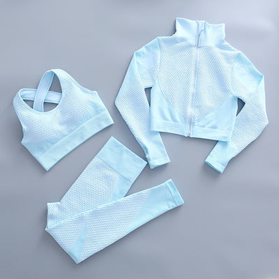 AH - 3 PCS Fitness Sport Wear Leggings, Support Bra, and Cropped Jacket - Alcoholic Hair