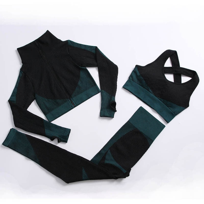 AH - 3 PCS Fitness Sport Wear Leggings, Support Bra, and Cropped Jacket - Alcoholic Hair