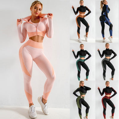 AH - 3 PCS Fitness Sport Wear Leggings, Support Bra, and Cropped Jacket - Alcoholic Hair