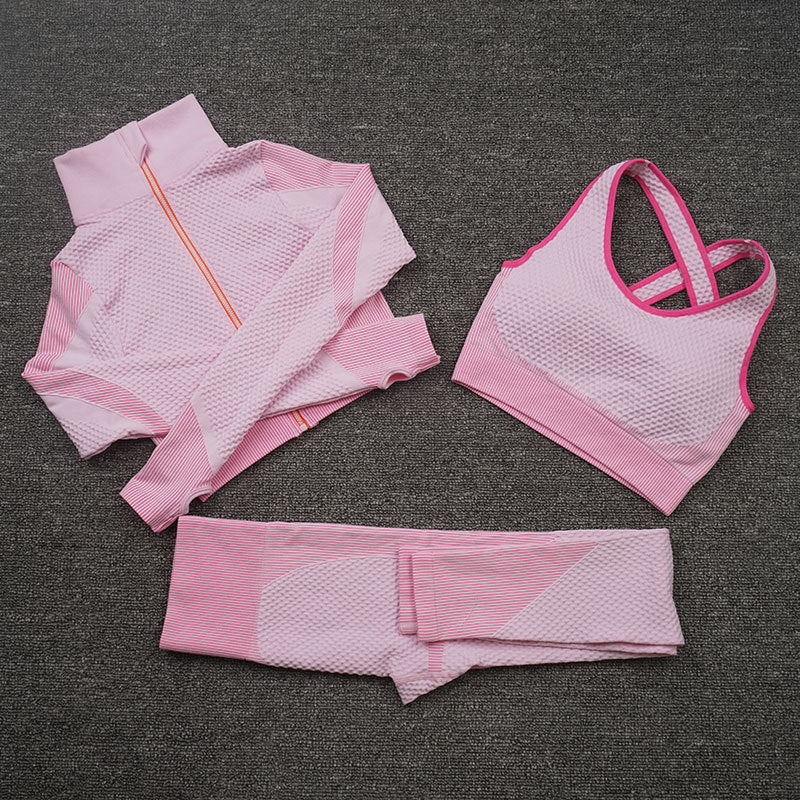 AH - 3 PCS Fitness Sport Wear Leggings, Support Bra, and Cropped Jacket - Alcoholic Hair