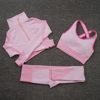 AH - 3 PCS Fitness Sport Wear Leggings, Support Bra, and Cropped Jacket - Alcoholic Hair