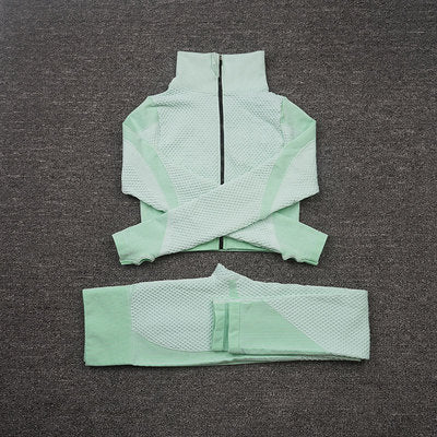AH - 3 PCS Fitness Sport Wear Leggings, Support Bra, and Cropped Jacket - Alcoholic Hair
