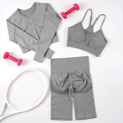CHRLEISURE 2/3/4 Piece Gym Yoga Set Women Seamless Sportswear Outfits Workout Fitness Shorts for Female Sports Leggings Suit - Alcoholic Hair