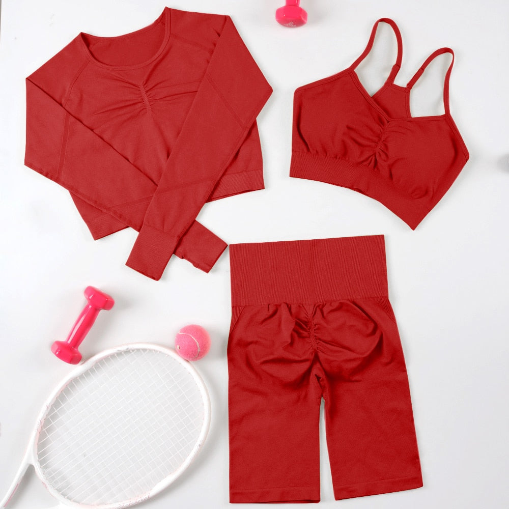 CHRLEISURE 2/3/4 Piece Gym Yoga Set Women Seamless Sportswear Outfits Workout Fitness Shorts for Female Sports Leggings Suit - Alcoholic Hair