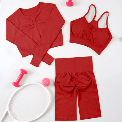 CHRLEISURE 2/3/4 Piece Gym Yoga Set Women Seamless Sportswear Outfits Workout Fitness Shorts for Female Sports Leggings Suit - Alcoholic Hair