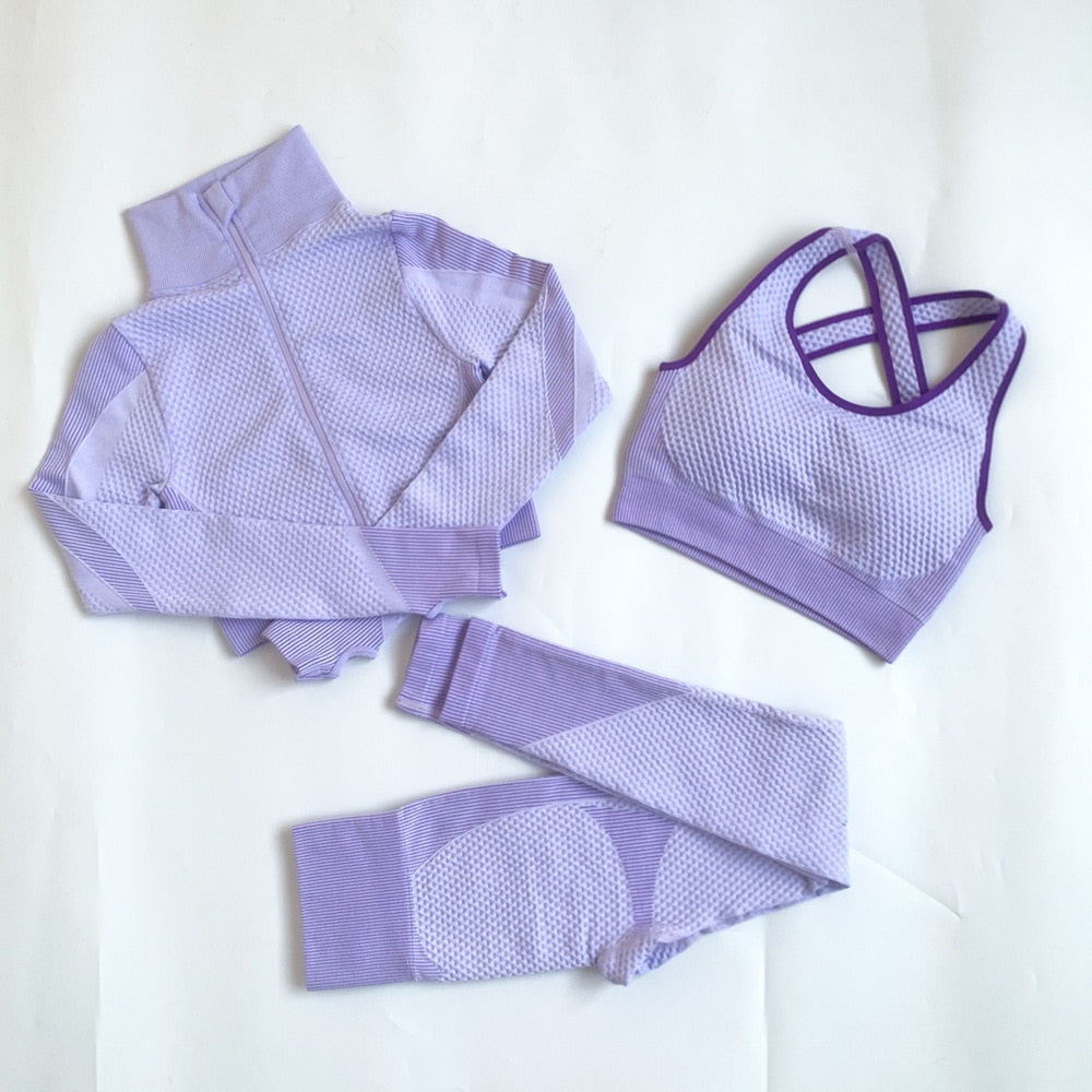 AH - 3 PCS Fitness Sport Wear Leggings, Support Bra, and Cropped Jacket - Alcoholic Hair