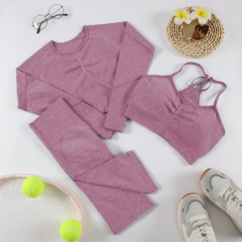 CHRLEISURE 2/3/4 Piece Gym Yoga Set Women Seamless Sportswear Outfits Workout Fitness Shorts for Female Sports Leggings Suit - Alcoholic Hair