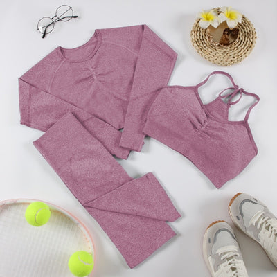 CHRLEISURE 2/3/4 Piece Gym Yoga Set Women Seamless Sportswear Outfits Workout Fitness Shorts for Female Sports Leggings Suit - Alcoholic Hair