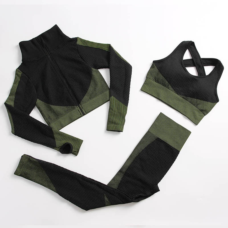 AH - 3 PCS Fitness Sport Wear Leggings, Support Bra, and Cropped Jacket - Alcoholic Hair