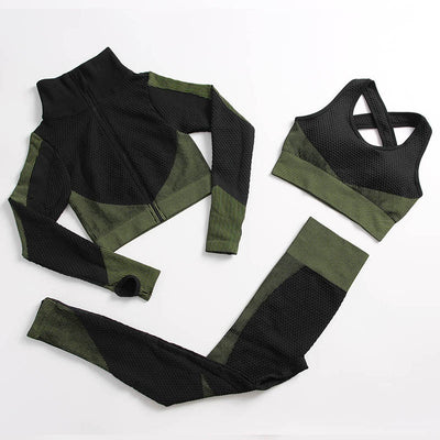 AH - 3 PCS Fitness Sport Wear Leggings, Support Bra, and Cropped Jacket - Alcoholic Hair
