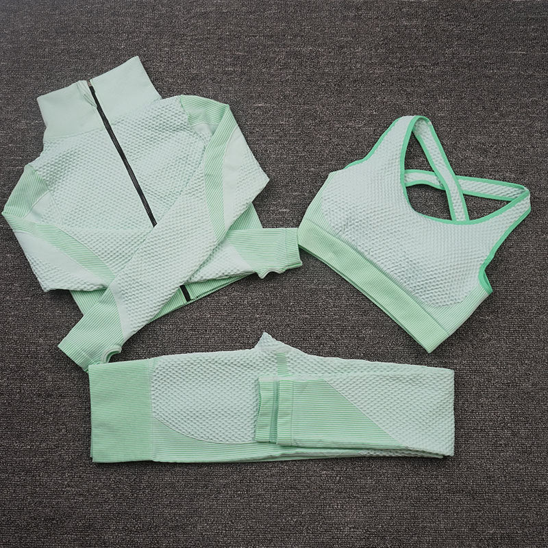 AH - 3 PCS Fitness Sport Wear Leggings, Support Bra, and Cropped Jacket - Alcoholic Hair