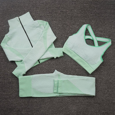 AH - 3 PCS Fitness Sport Wear Leggings, Support Bra, and Cropped Jacket - Alcoholic Hair