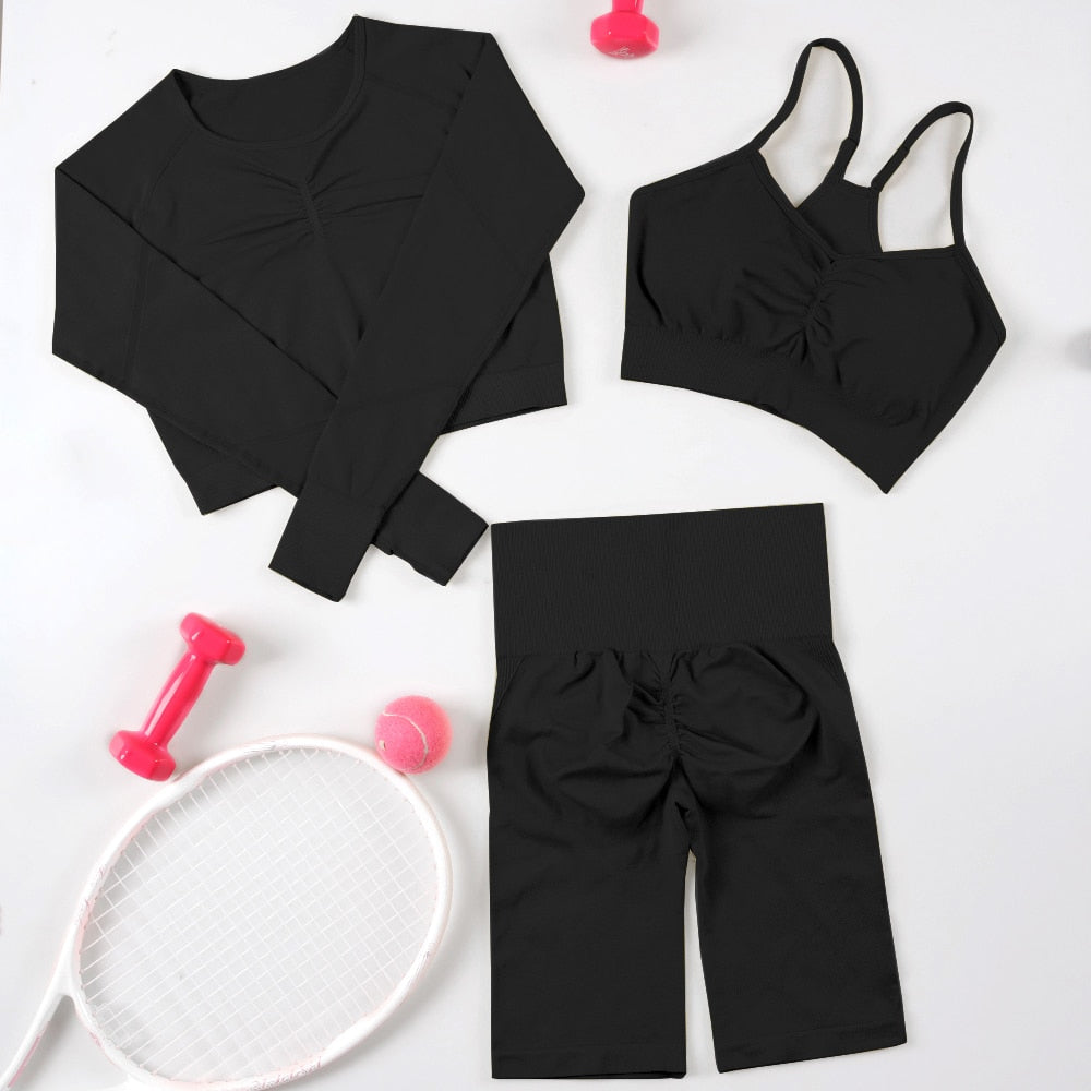 CHRLEISURE 2/3/4 Piece Gym Yoga Set Women Seamless Sportswear Outfits Workout Fitness Shorts for Female Sports Leggings Suit - Alcoholic Hair