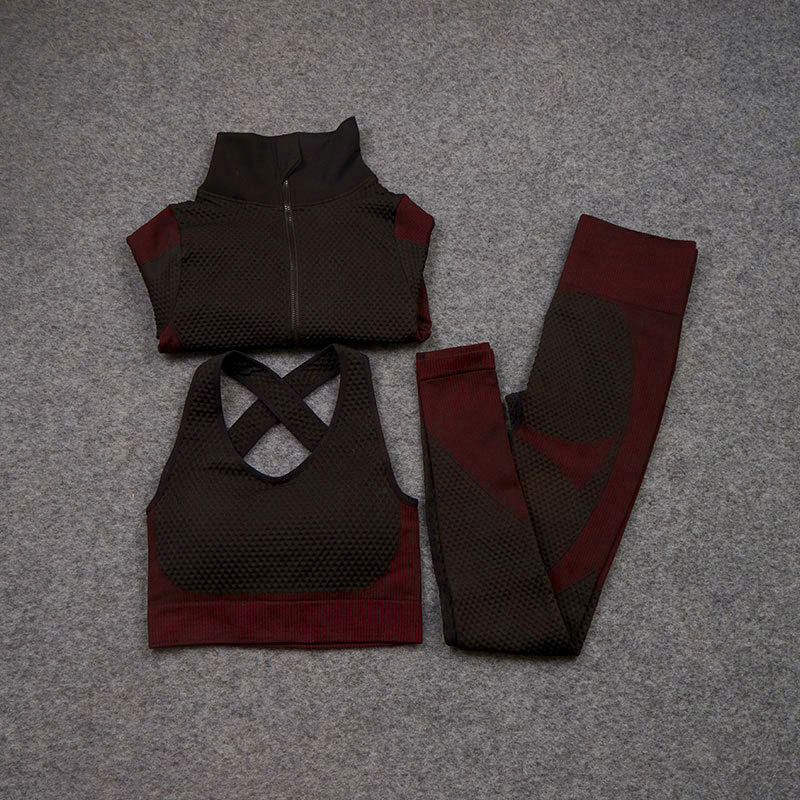 AH - 3 PCS Fitness Sport Wear Leggings, Support Bra, and Cropped Jacket - Alcoholic Hair