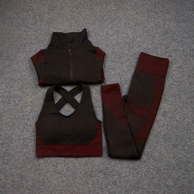 AH - 3 PCS Fitness Sport Wear Leggings, Support Bra, and Cropped Jacket - Alcoholic Hair