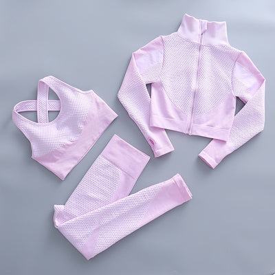 AH - 3 PCS Fitness Sport Wear Leggings, Support Bra, and Cropped Jacket - Alcoholic Hair