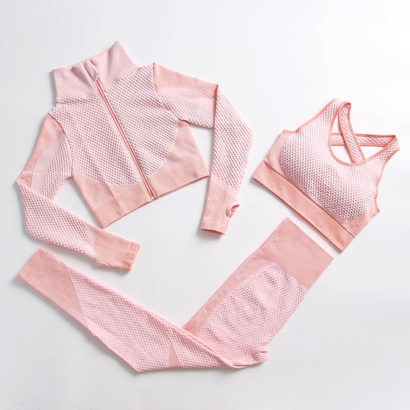 AH - 3 PCS Fitness Sport Wear Leggings, Support Bra, and Cropped Jacket - Alcoholic Hair
