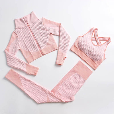 AH - 3 PCS Fitness Sport Wear Leggings, Support Bra, and Cropped Jacket - Alcoholic Hair
