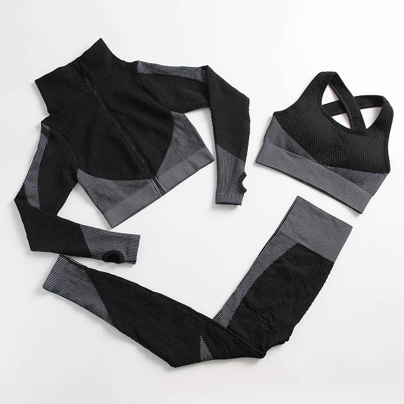 AH - 3 PCS Fitness Sport Wear Leggings, Support Bra, and Cropped Jacket - Alcoholic Hair