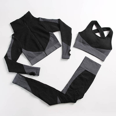 AH - 3 PCS Fitness Sport Wear Leggings, Support Bra, and Cropped Jacket - Alcoholic Hair