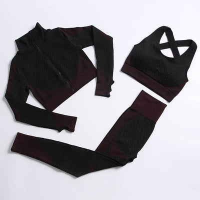 AH - 3 PCS Fitness Sport Wear Leggings, Support Bra, and Cropped Jacket - Alcoholic Hair