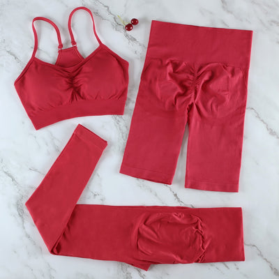 CHRLEISURE 2/3/4 Piece Gym Yoga Set Women Seamless Sportswear Outfits Workout Fitness Shorts for Female Sports Leggings Suit - Alcoholic Hair