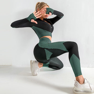 AH - 3 PCS Fitness Sport Wear Leggings, Support Bra, and Cropped Jacket - Alcoholic Hair