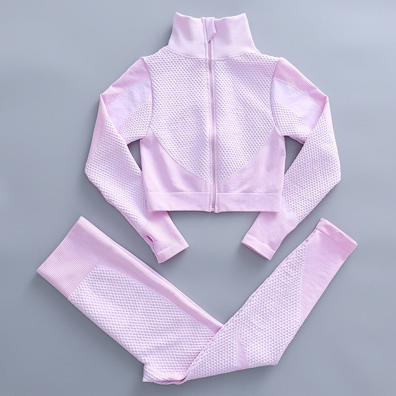 AH - 3 PCS Fitness Sport Wear Leggings, Support Bra, and Cropped Jacket - Alcoholic Hair