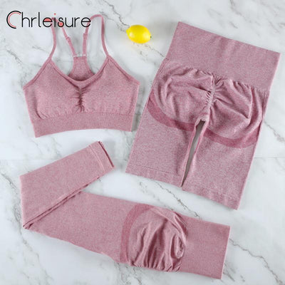 CHRLEISURE 2/3/4 Piece Gym Yoga Set Women Seamless Sportswear Outfits Workout Fitness Shorts for Female Sports Leggings Suit - Alcoholic Hair