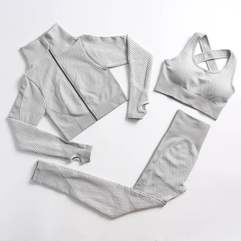 AH - 3 PCS Fitness Sport Wear Leggings, Support Bra, and Cropped Jacket - Alcoholic Hair