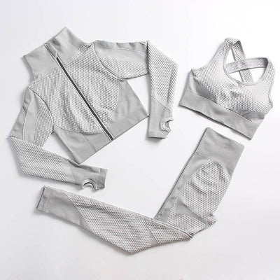 AH - 3 PCS Fitness Sport Wear Leggings, Support Bra, and Cropped Jacket - Alcoholic Hair