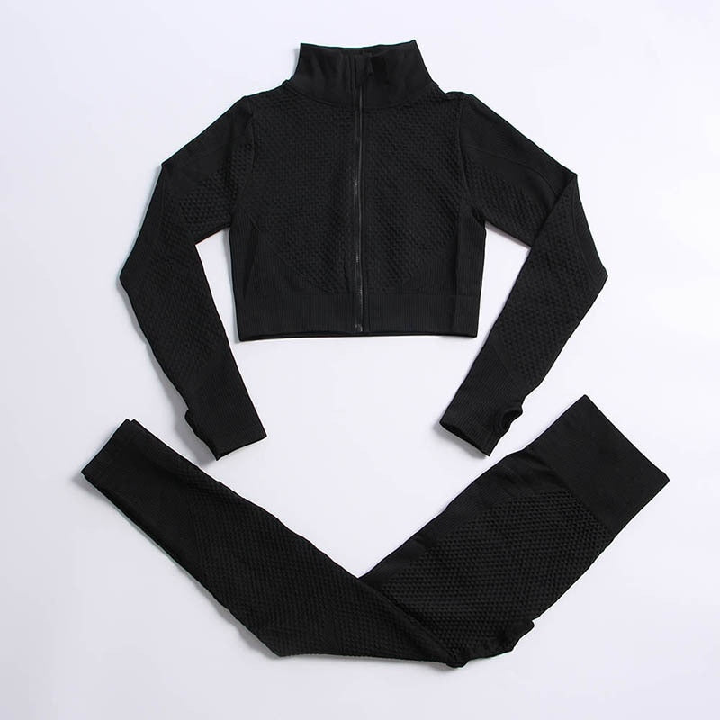AH - 3 PCS Fitness Sport Wear Leggings, Support Bra, and Cropped Jacket - Alcoholic Hair