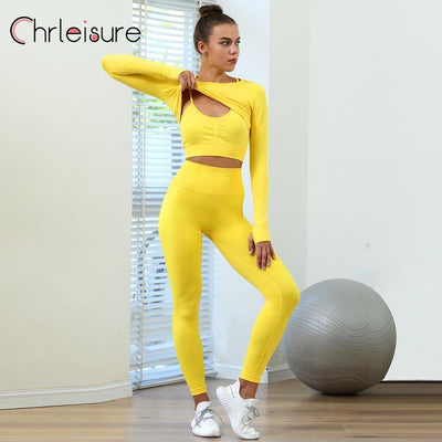 CHRLEISURE 2/3/4 Piece Gym Yoga Set Women Seamless Sportswear Outfits Workout Fitness Shorts for Female Sports Leggings Suit - Alcoholic Hair